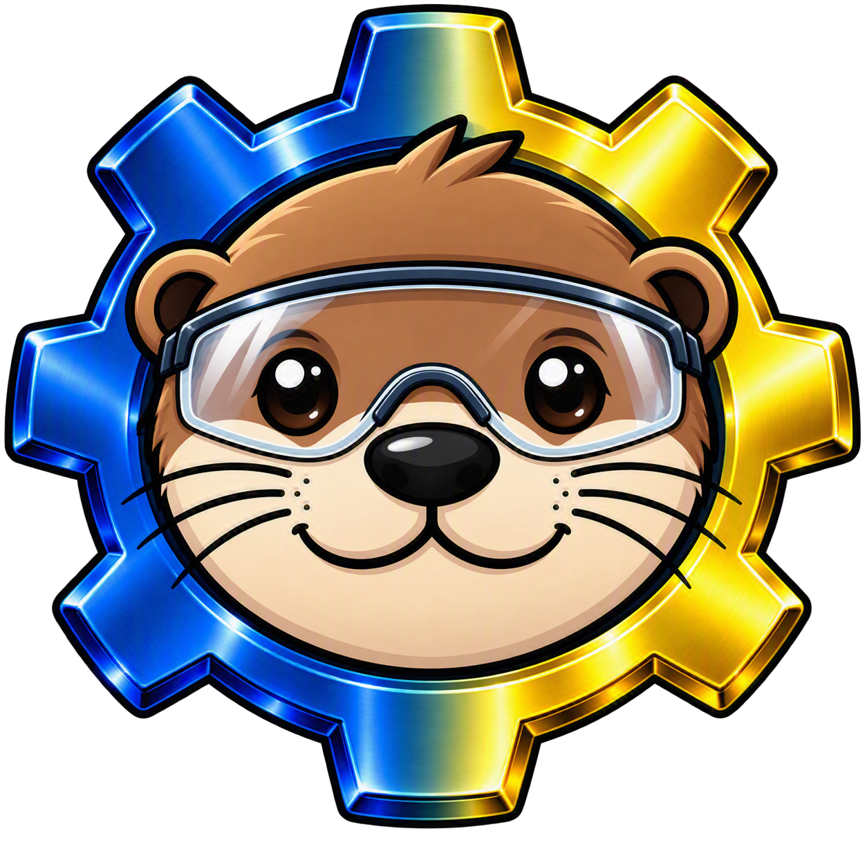 OtterBots mascot wearing safety goggles inside a blue and gold gear